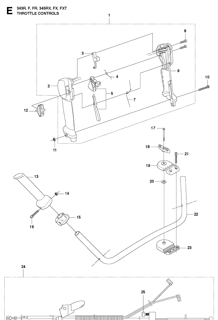 Throttle Controls Diagram and Parts List for 345RX 20103600001-20144899999 Husqvarna Brush Cutter