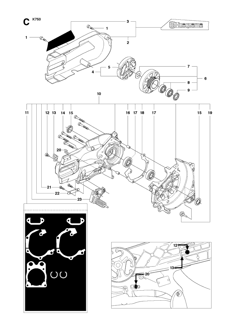Crankcase Diagram and Parts List for K750 (544936207)(2010-02) Husqvarna Lawn Tractor Accessories