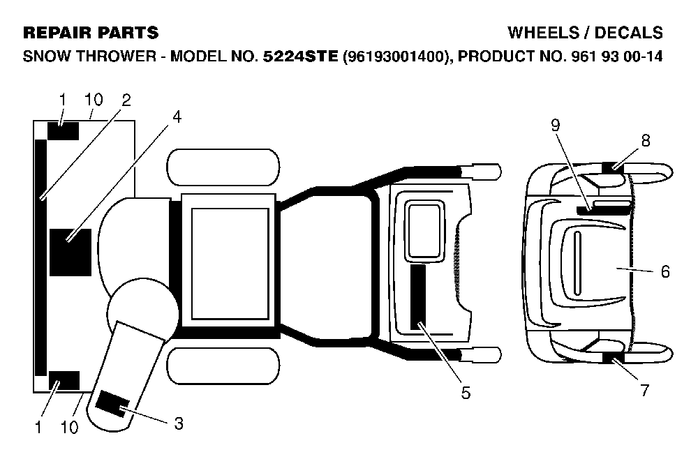 Decals Diagram and Parts List for 5524STE (96193001400, 961930014)(2006-08) Husqvarna Snow Blower