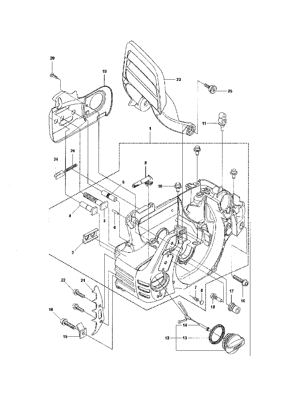 Crankcase Diagram and Parts List for 965167936  Husqvarna Chainsaw