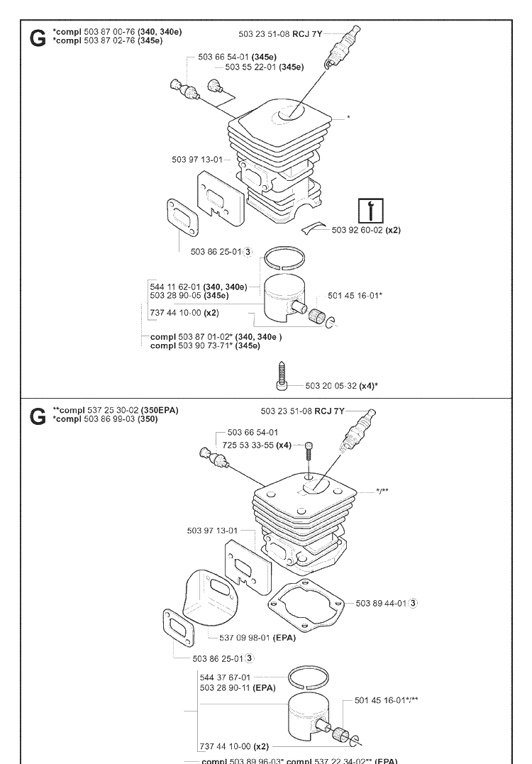 Cylinder Piston Diagram and Parts List for 345 20070100001-Current Husqvarna Chainsaw