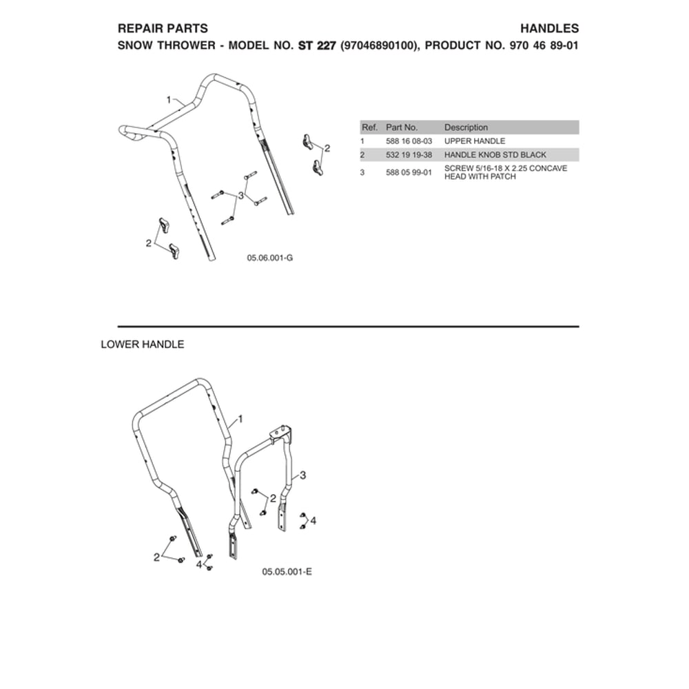 Lower Handle Diagram and Parts List for ST227-970528702  Husqvarna Snow Blower