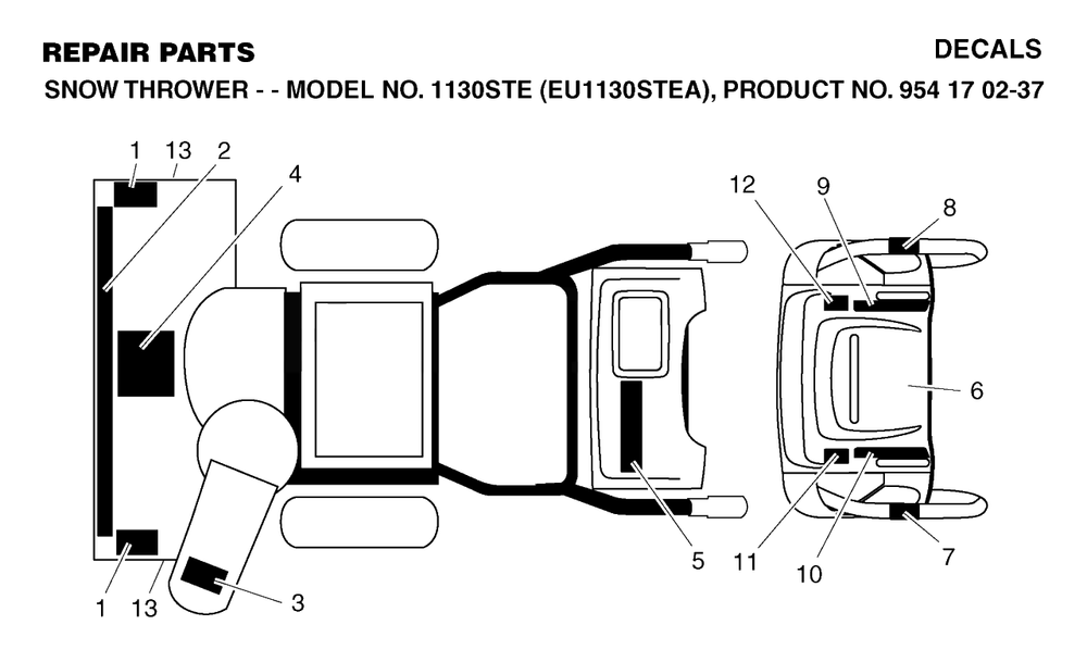 Decals Diagram and Parts List for 1130STE (954170237-A)(2004-09) Husqvarna Snow Blower
