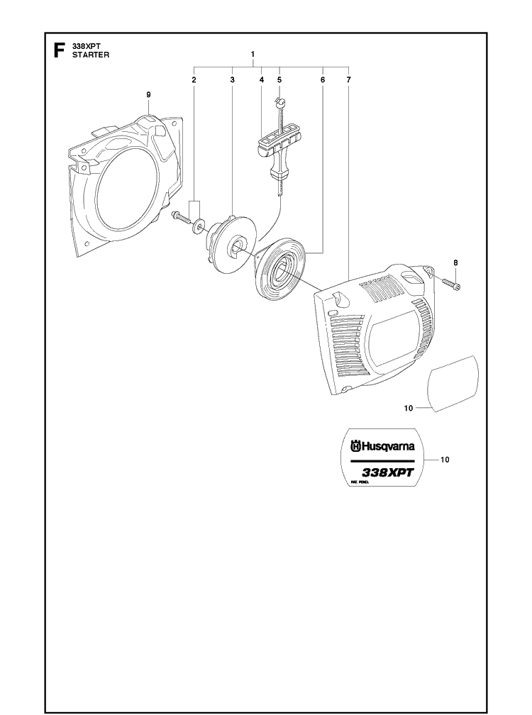Starter Diagram and Parts List for 338XPT 20100600001-Current Husqvarna Chainsaw