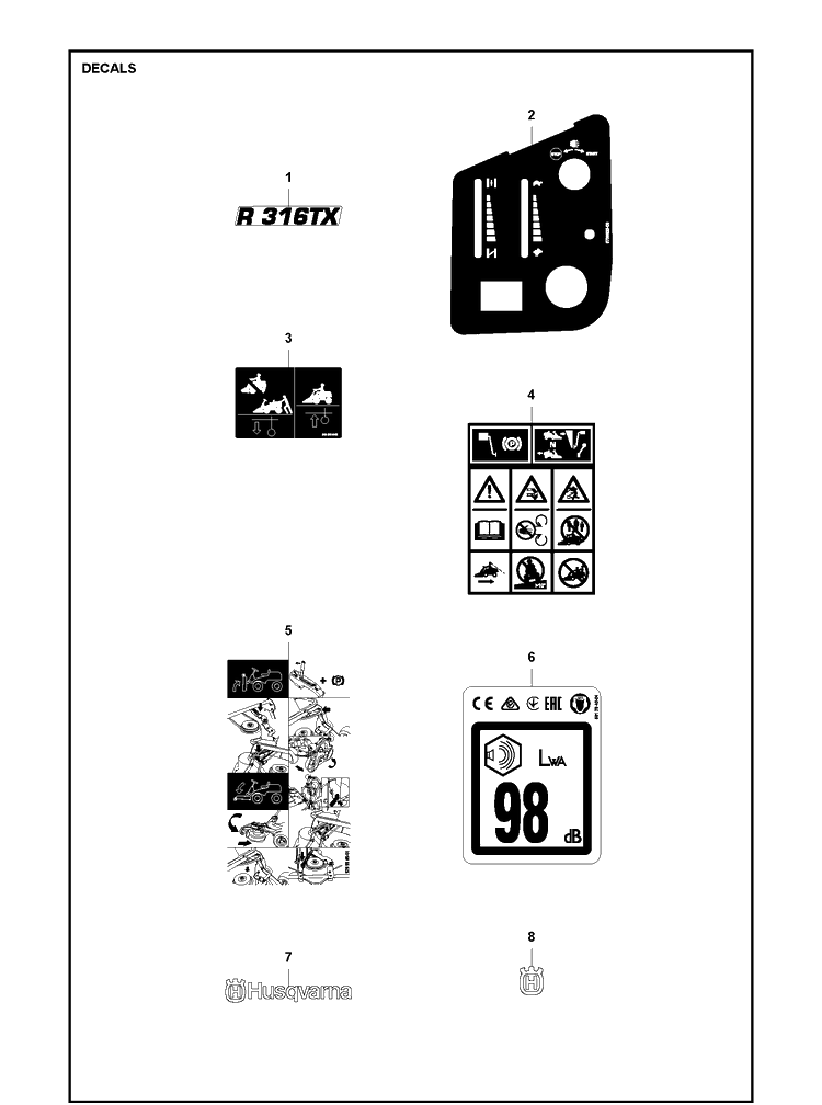 Decals Diagram and Parts List for R316TX  Husqvarna Lawn Mower