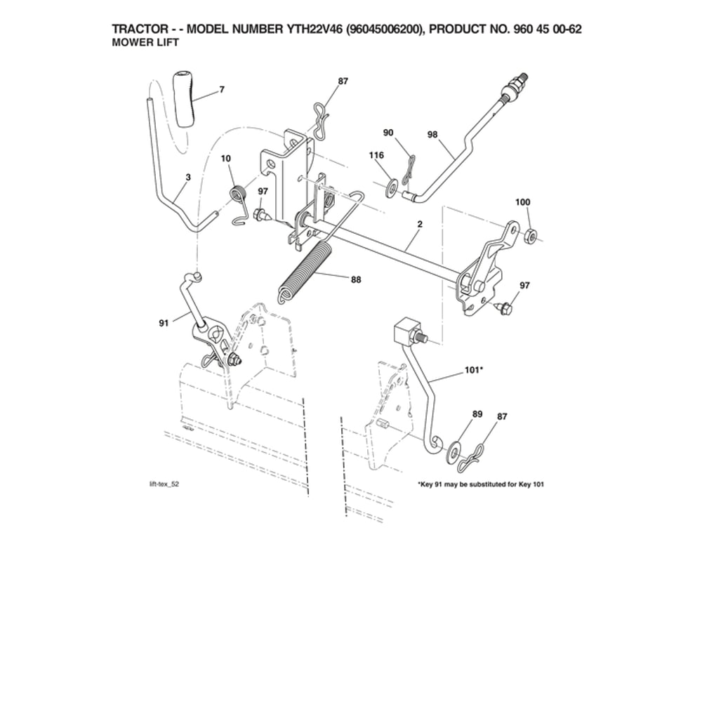 Mower Lift Diagram and Parts List for 96045006200  Husqvarna Lawn Tractor