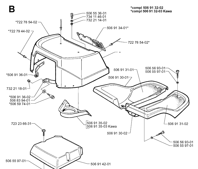 Hood Diagram and Parts List for RIDER850 1998-03 Husqvarna Lawn Mower