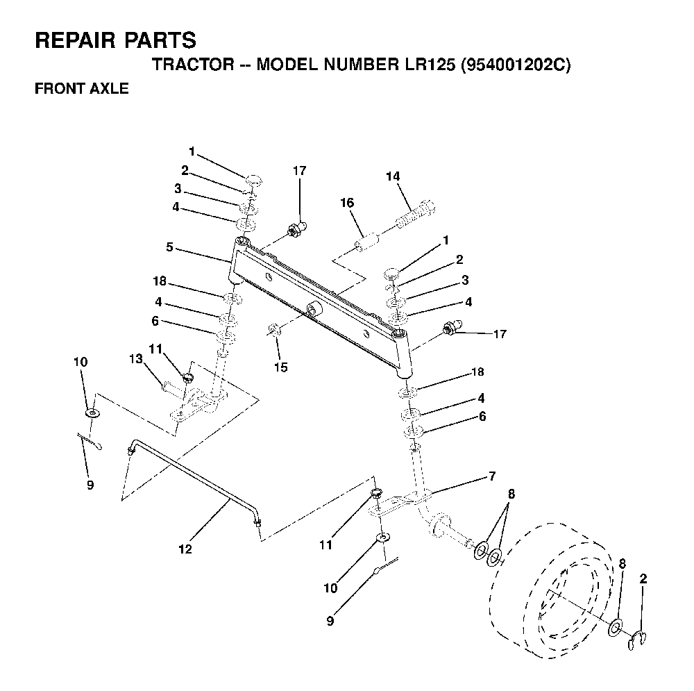Front Axle Diagram and Parts List for LR125 (954001202C)(1995-03) Husqvarna Lawn Tractor