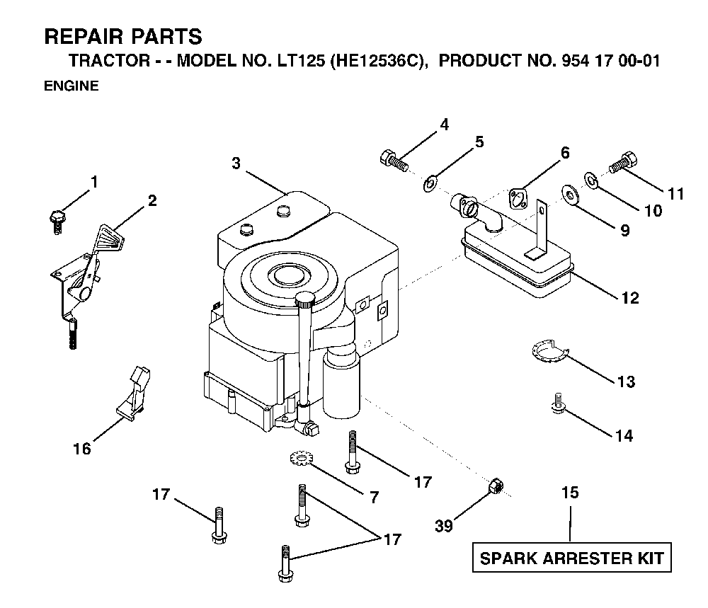 Engine Diagram and Parts List for LT125 (HE12536C, 954170001)(1998-03) Husqvarna Lawn Tractor