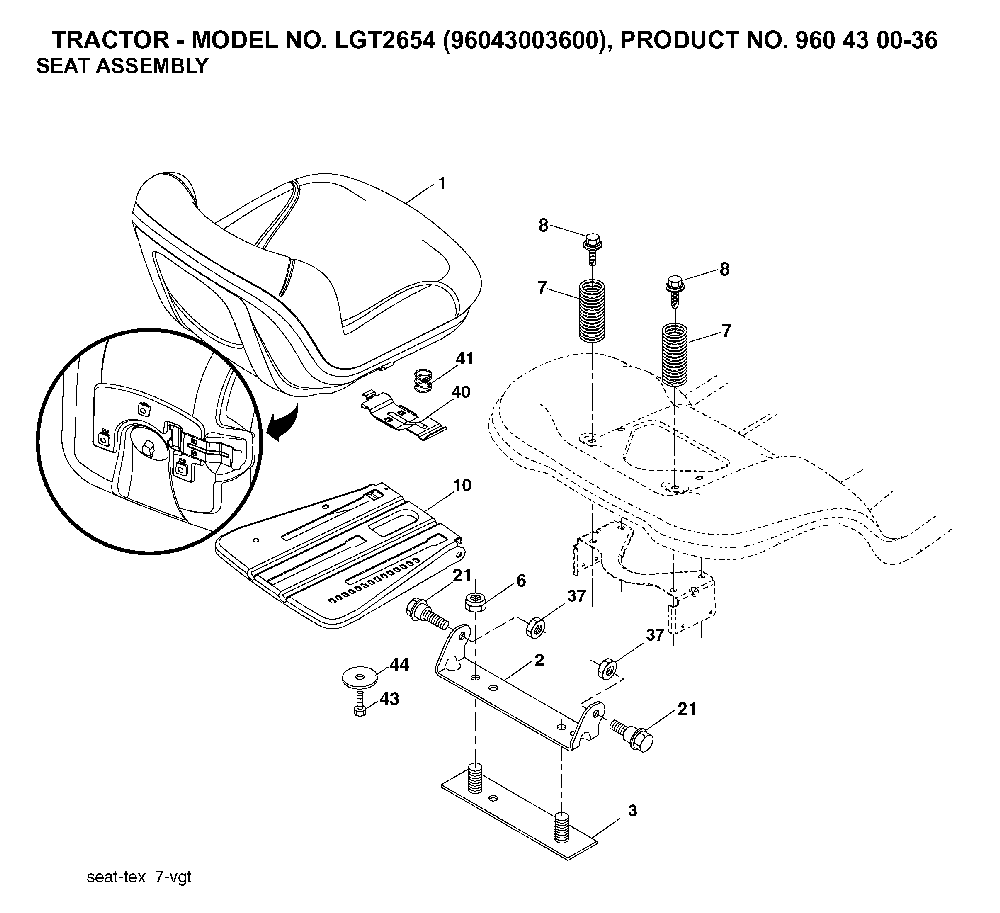 Seat Diagram and Parts List for LGT2654 (96043003600, 960430036)(2006-12) Husqvarna Lawn Tractor