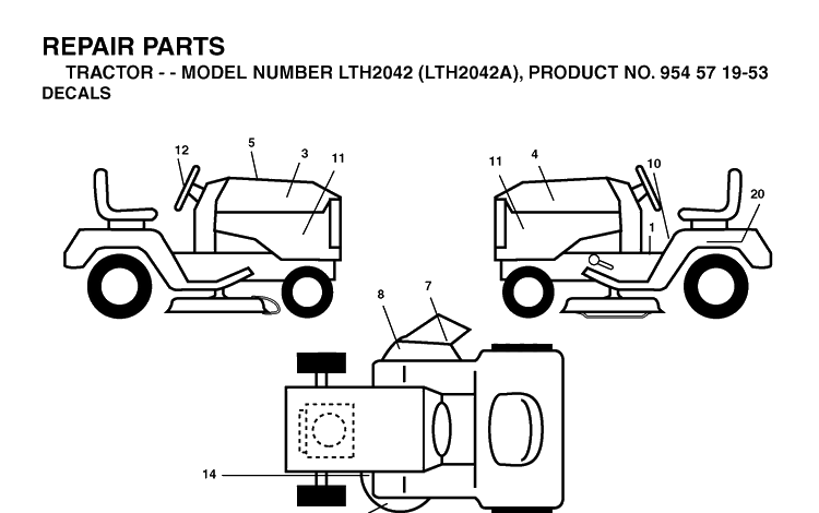 Decals Diagram and Parts List for LTH2042-LTH2042A 2003-12 Husqvarna Lawn Tractor