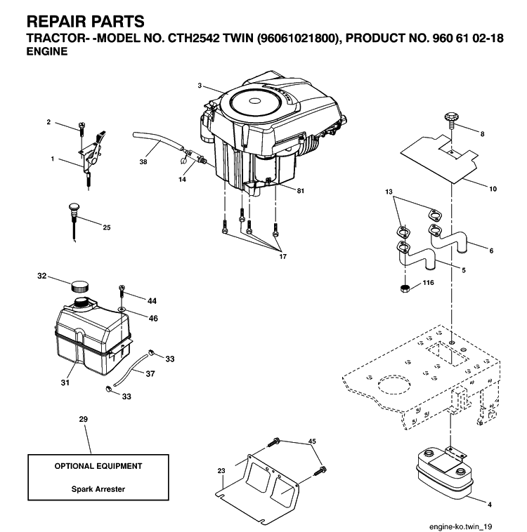 Engine Diagram and Parts List for CTH2542T (96061021800)(2007-04) Husqvarna Lawn Tractor