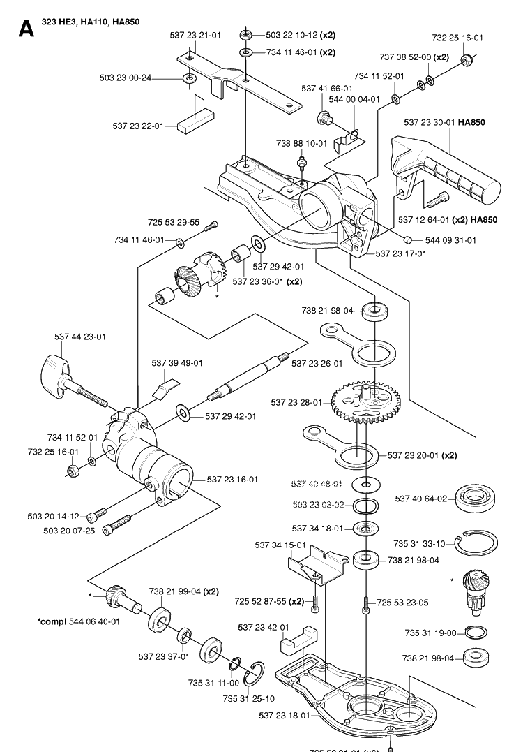 Gear Housing 2 Diagram and Parts List for 325HA110 20054000001-20040100000 Husqvarna Hedge Trimmer