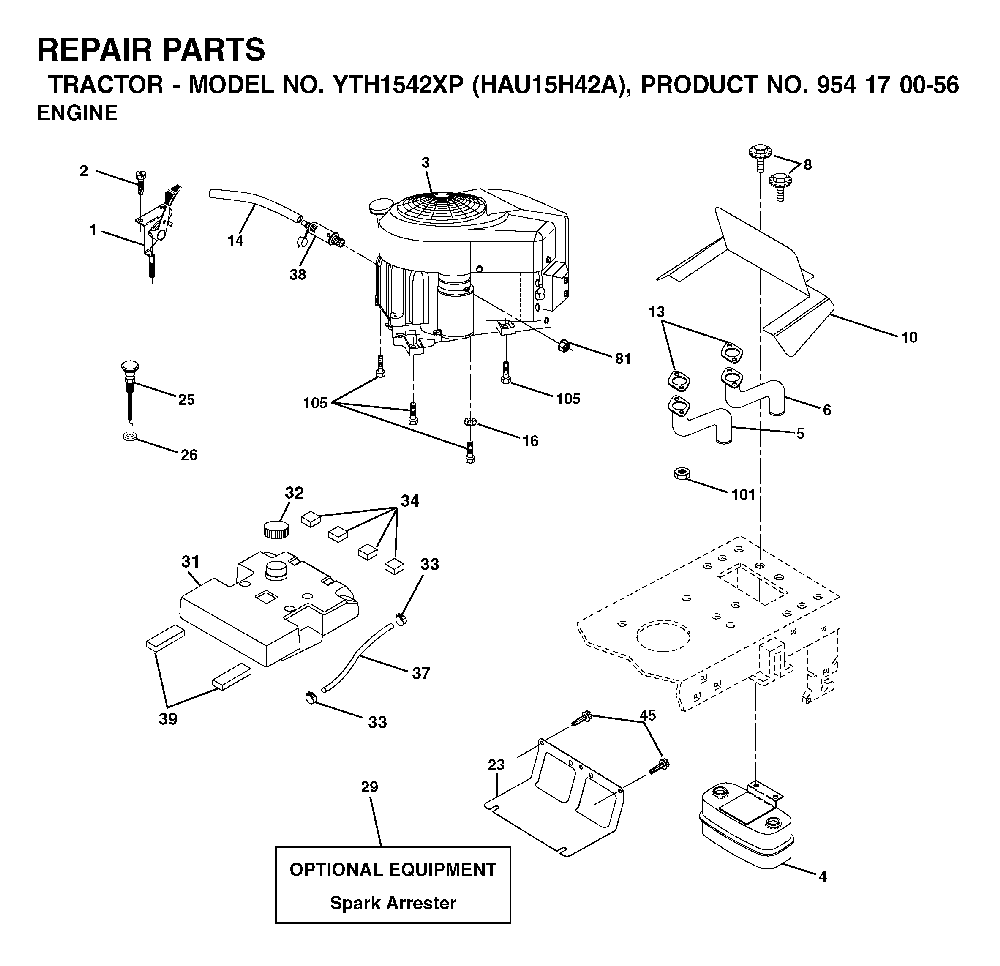 Engine Diagram and Parts List for YTH1542XP (HAU15H42A, 954170055)(2003-01) Husqvarna Lawn Tractor