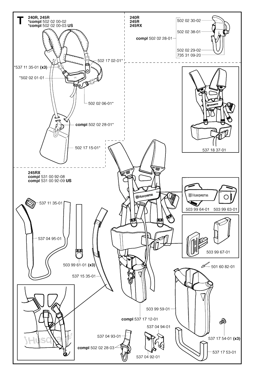 Harness Diagram and Parts List for 245RX 20023100001 & Above Husqvarna Trimmer