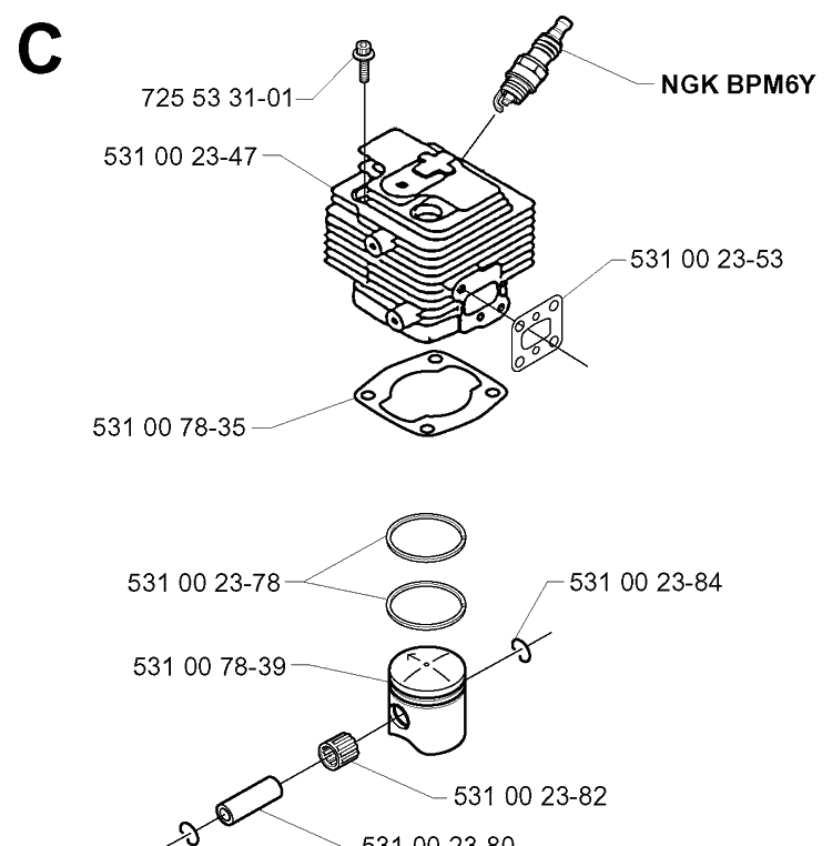 Cylinder Piston Diagram and Parts List for 132R 19994000001-20050100000 Husqvarna Brush Cutter