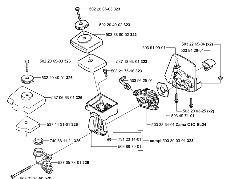 Air Filter / Carburetor Diagram and Parts List for 326C 2006-04 Husqvarna Trimmer