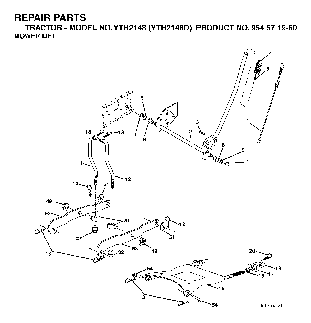Mower Lift / Deck Lift Diagram and Parts List for YTH2148D (954571960)(2004-04) Husqvarna Lawn Tractor