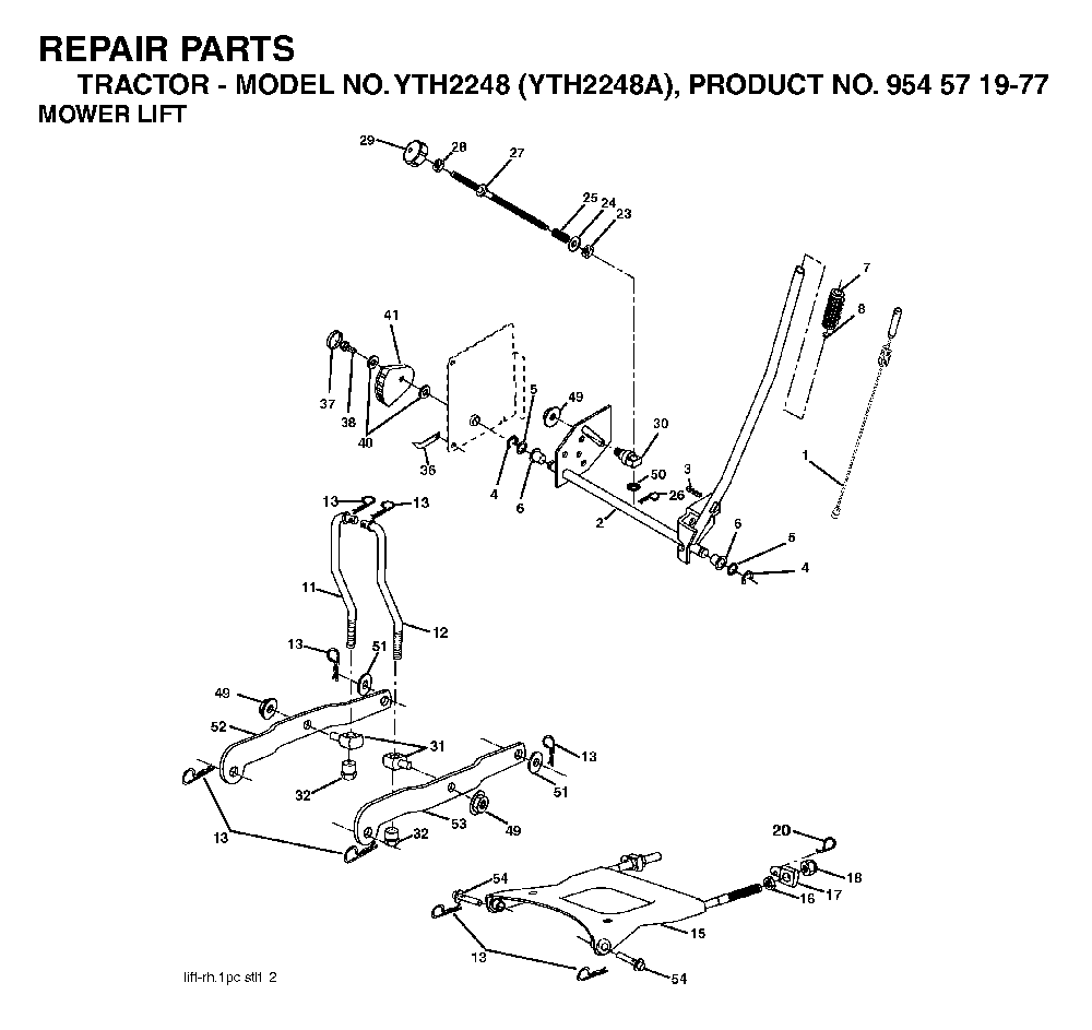 Mower Lift / Deck Lift Diagram and Parts List for YTH2248A (954571977)(2004-06) Husqvarna Lawn Tractor