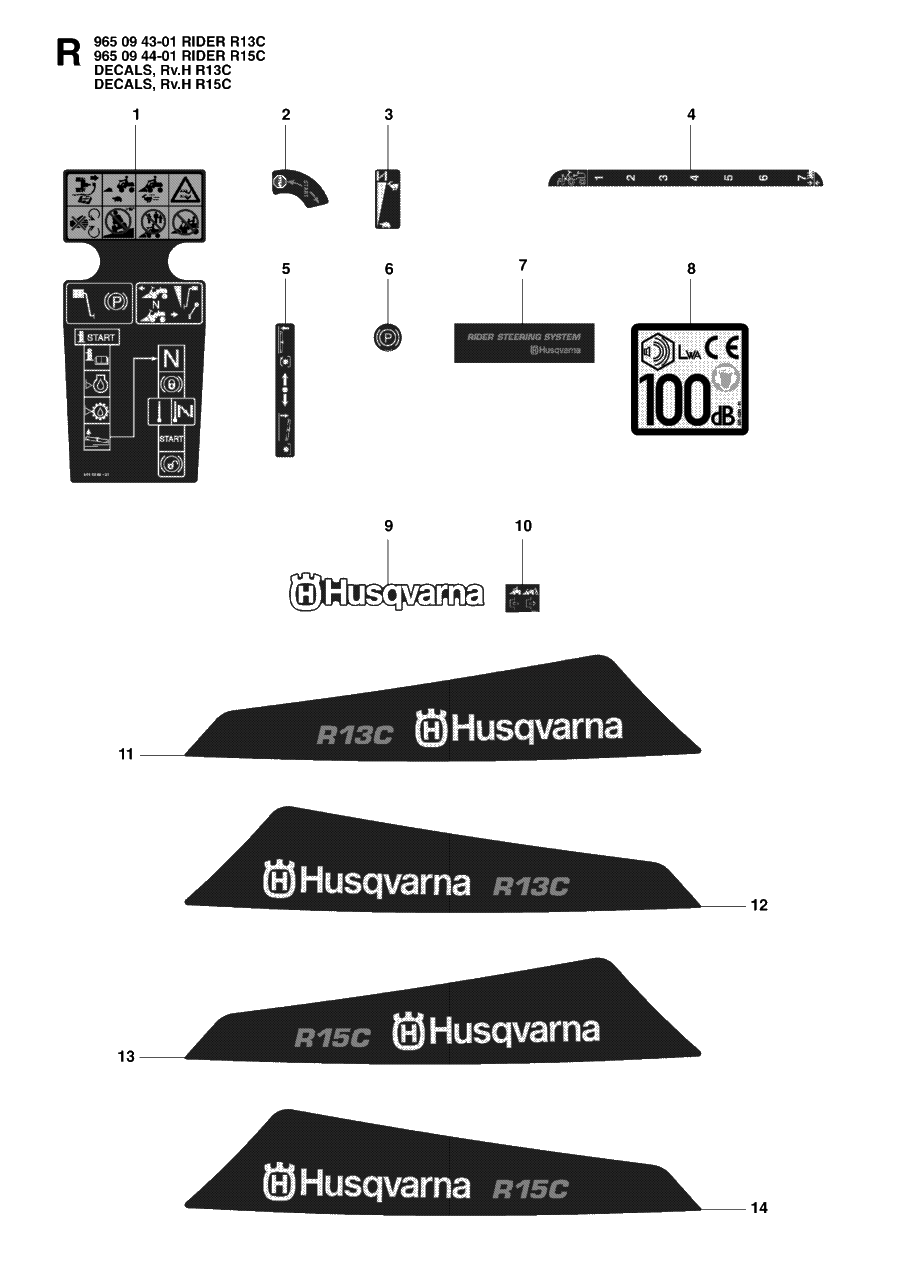 Decals Diagram and Parts List for R15C (965094401)(2007-01) Husqvarna Lawn Tractor