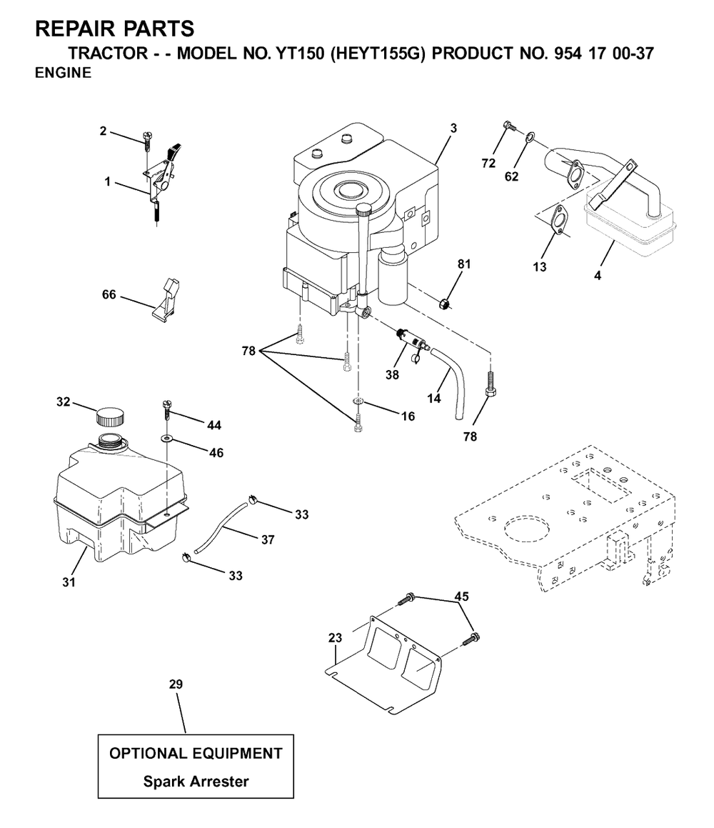 Engine And Cutting Equipment Diagram and Parts List for YT150 (954170037-G)(2001-01) Husqvarna Lawn Tractor