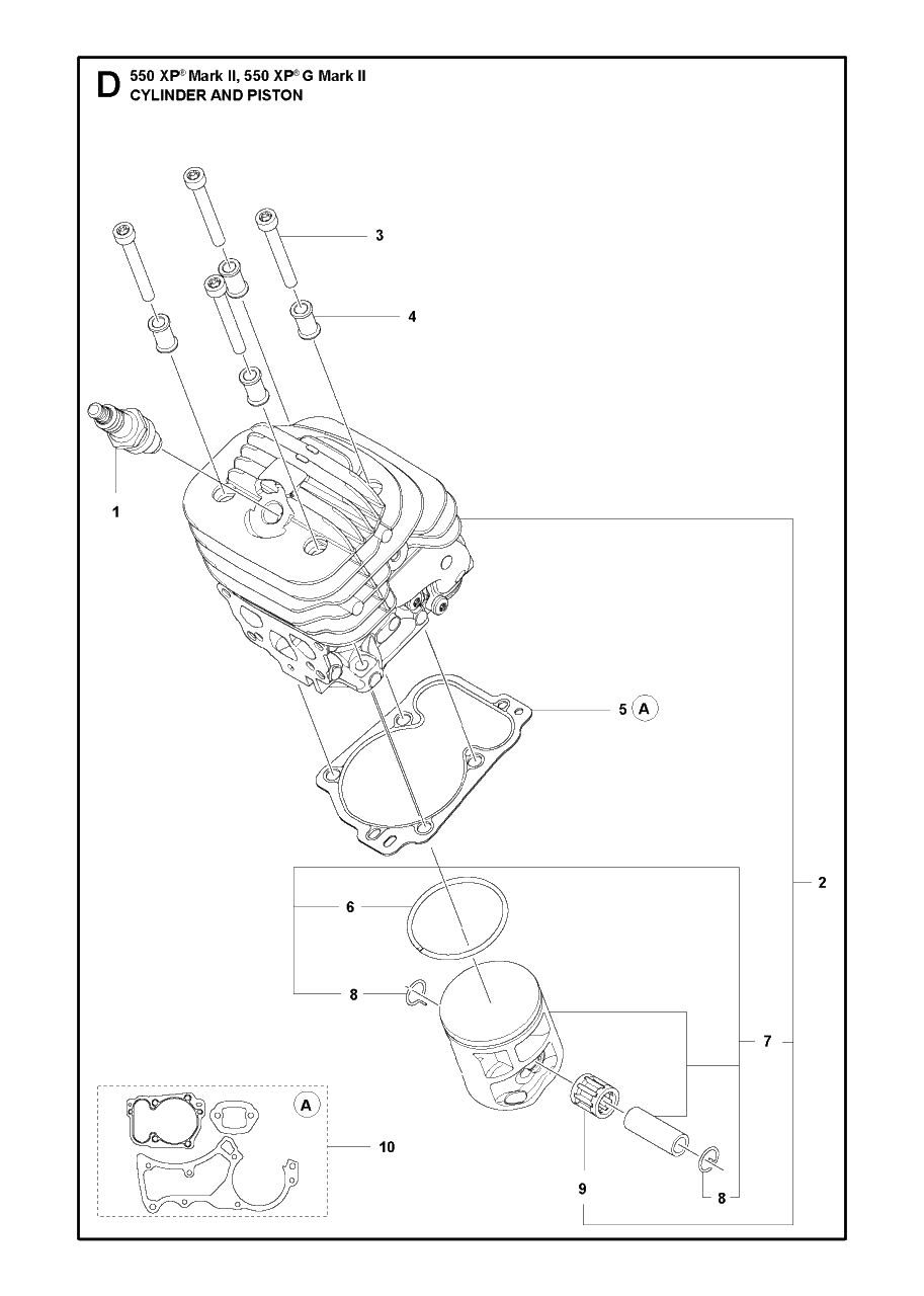 Cylinder Piston Diagram and Parts List for 550XP-XPG Mark II Husqvarna Chainsaw