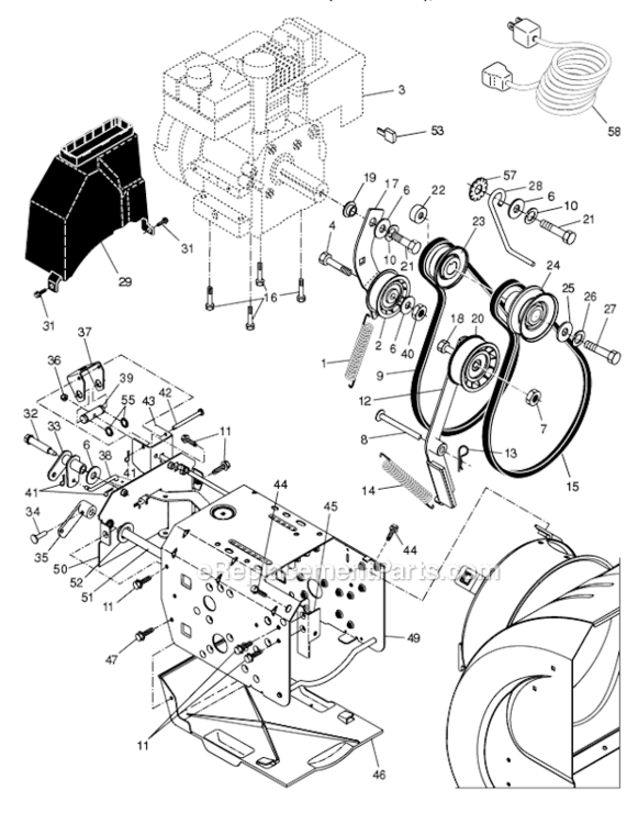 Chassis_Engine_Pulleys Diagram and Parts List for 1130SBEXP 96193001803 Husqvarna Snow Blower
