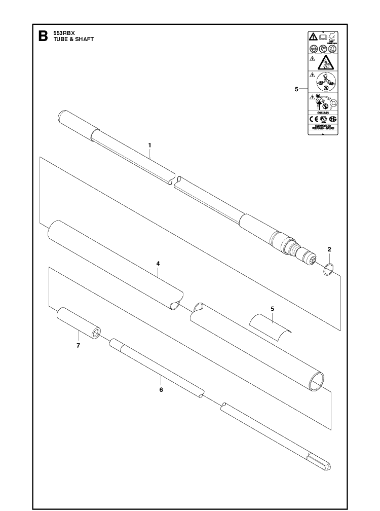 Tube And Shaft Diagram and Parts List for 553RBX 20180500001-20182200000 Husqvarna Brush Cutter