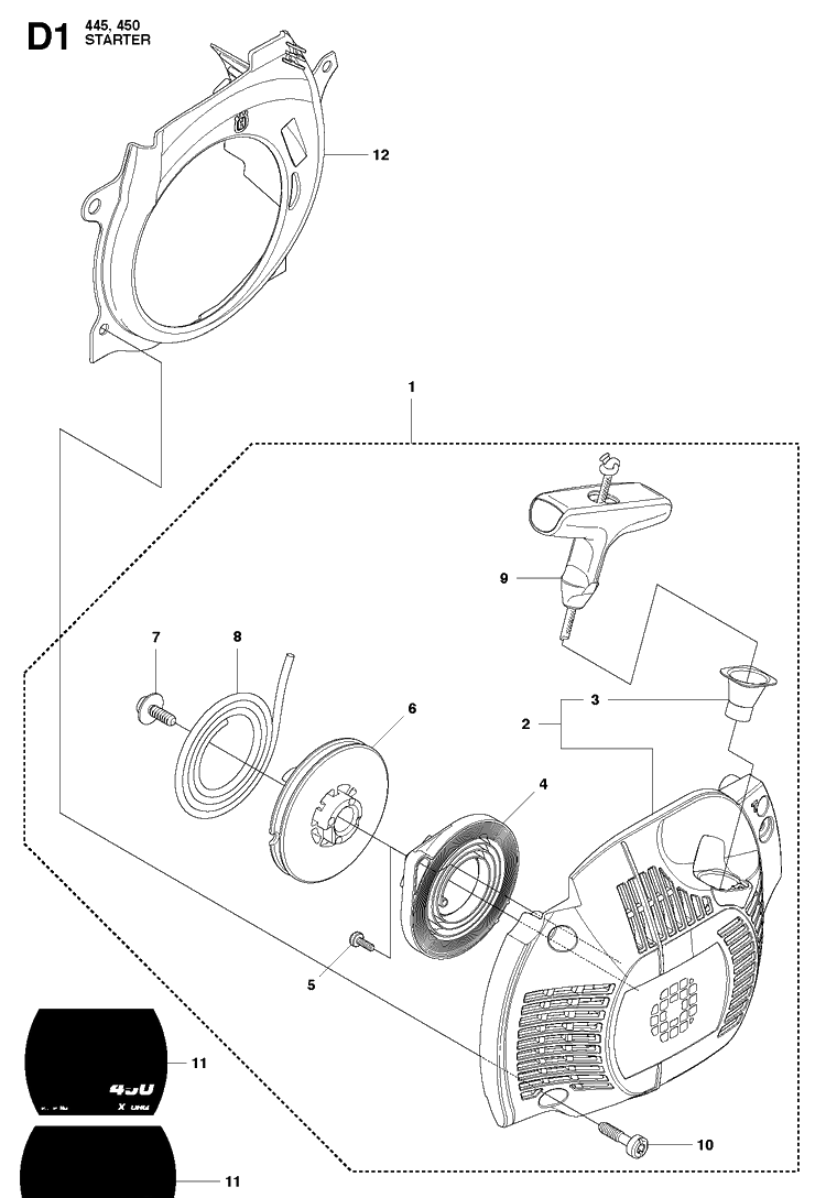 Starter Diagram and Parts List for 445E 20103600001-20112700000 Husqvarna Chainsaw