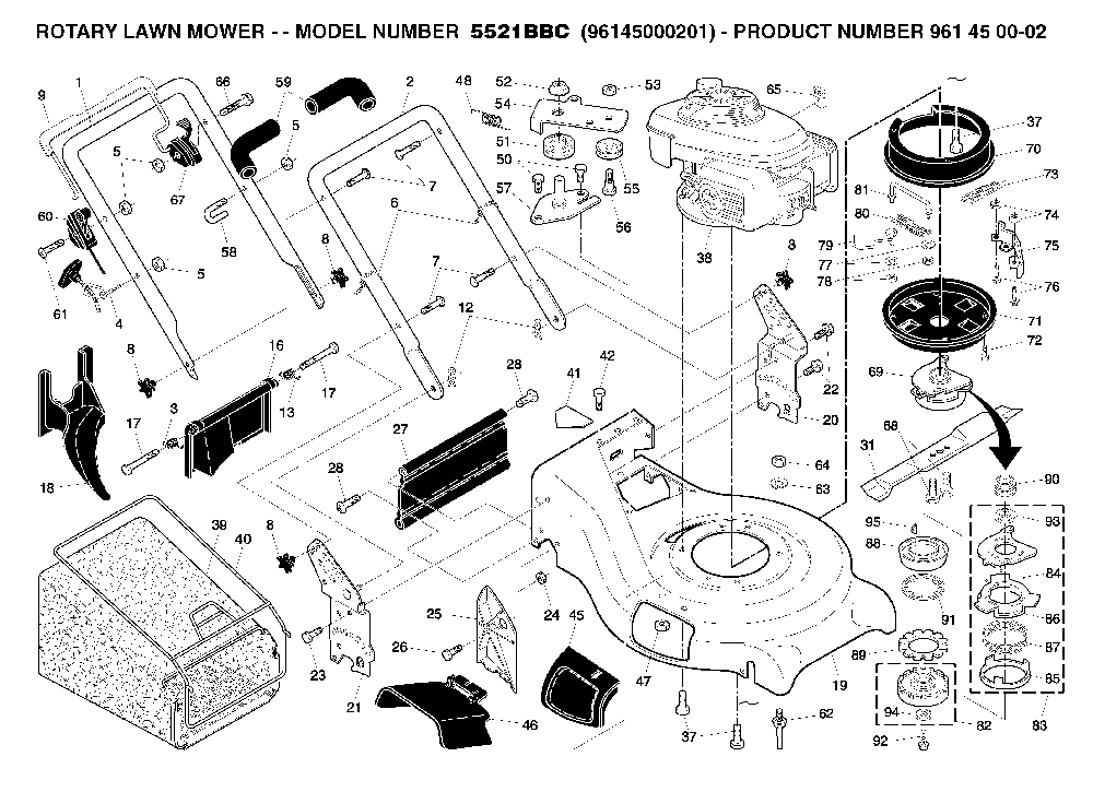 Repair Parts Diagram and Parts List for 5521BBC (96145000201)(2005-07) Husqvarna Lawn Mower
