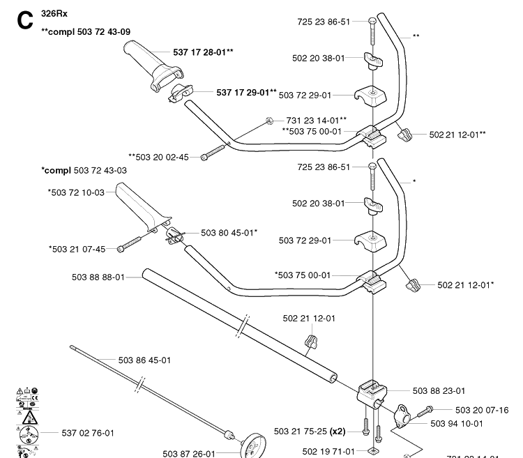 Shaft And Handle 2 Diagram and Parts List for 326C 20020500001-20023100000 Husqvarna Edger