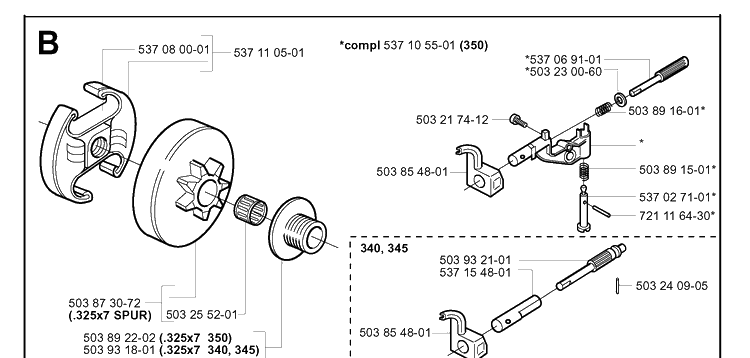 Clutch And Oil Pump Diagram and Parts List for 340 20041000001-Current Husqvarna Chainsaw