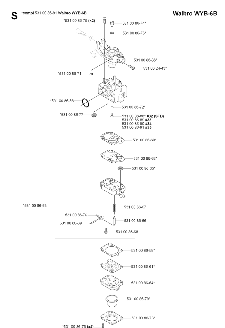 Carburetor Details Diagram and Parts List for 324RX  Husqvarna Brush Cutter