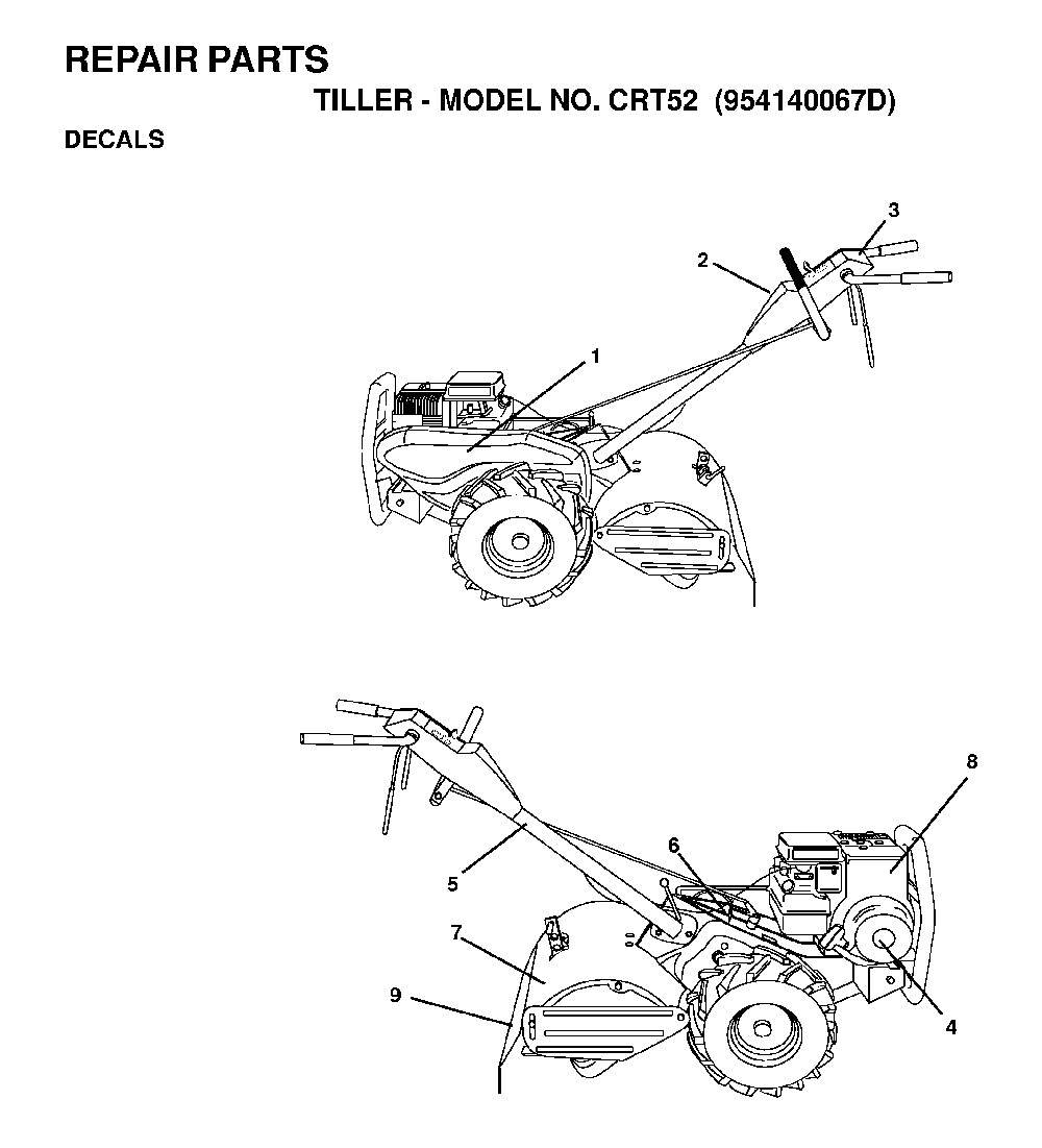 Decals Diagram and Parts List for CRT52 (954140067D)(1999-03) Husqvarna Tiller