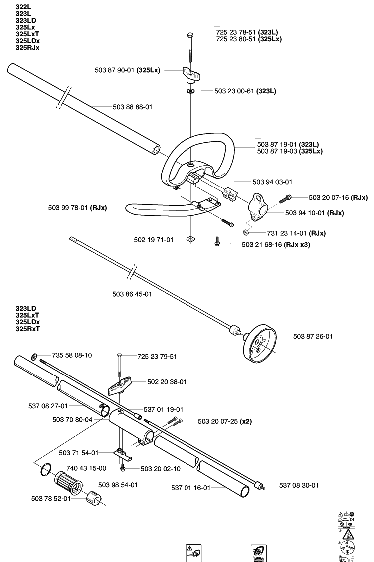 Shaft/Tube/Handle (322 L, 323 L/Ld, 325 Lx/Lxt/Ldx, 325 Rxt/Rjx) Diagram and Parts List for 322L 2002-01 Husqvarna Trimmer