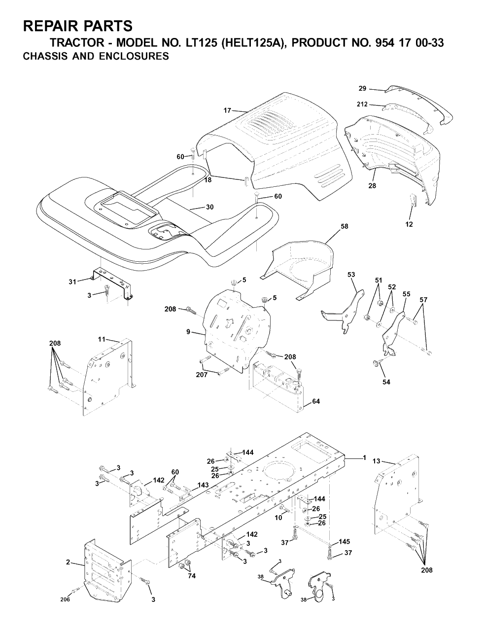 Chassis And Enclosures Diagram and Parts List for LT125 (954170033-A)(2001-01) Husqvarna Lawn Tractor