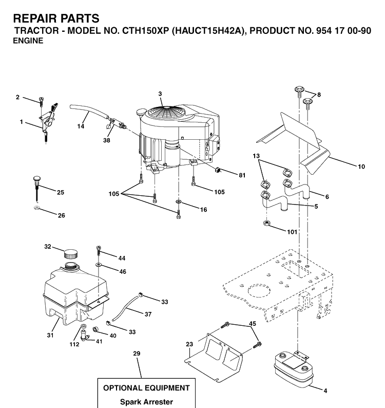 Engine Diagram and Parts List for CTH150XP (HAUCT15H42A)(2003-01) Husqvarna Lawn Tractor