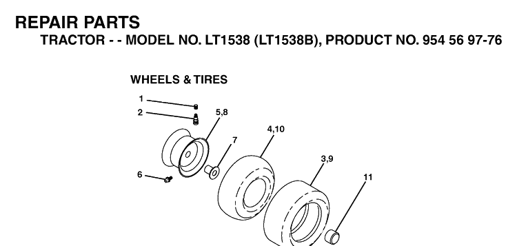 Wheels And Tires Diagram and Parts List for LT1538-LT1538B 2002-11 Husqvarna Lawn Tractor