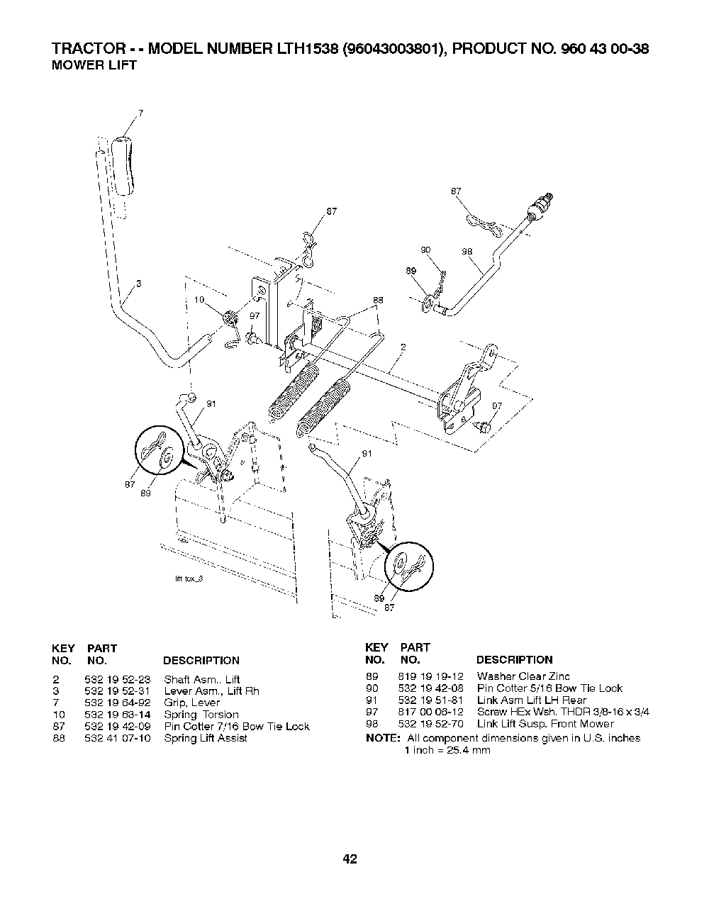 Mower Lift / Deck Lift Diagram and Parts List for LTH153896043003801 2007-08 Husqvarna Lawn Tractor