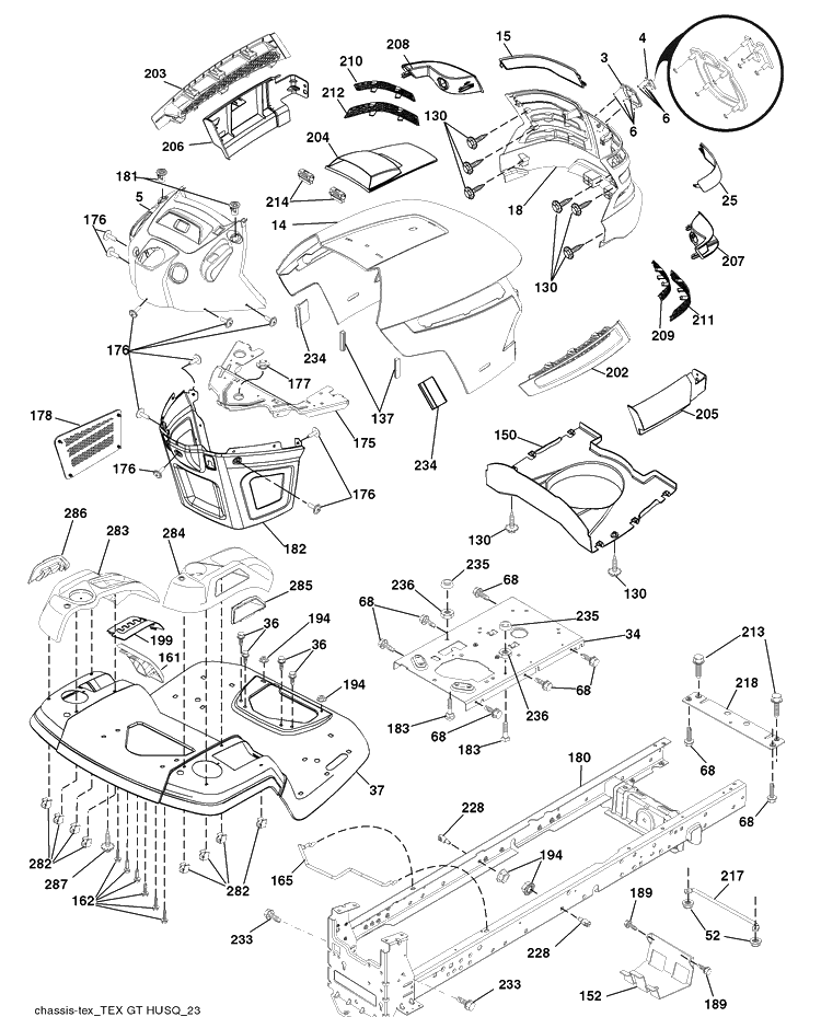 Chassis Diagram and Parts List for 2348LS (96043004900)(2008-03) Husqvarna Lawn Mower