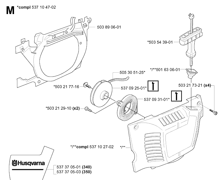 Starter 2 Diagram and Parts List for 340E 20051800001-20062300000 Husqvarna Chainsaw