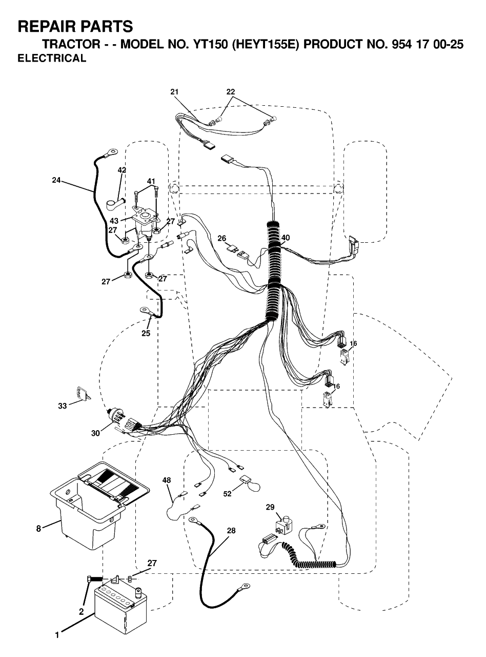 Electrical Diagram and Parts List for YT150 (954170025-E)(2000-03) Husqvarna Lawn Tractor