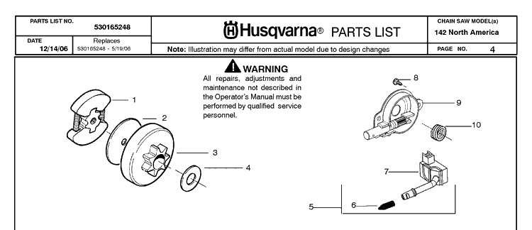 Clutch And Oil Pump Diagram and Parts List for 142 20064900001-20070100000 Husqvarna Chainsaw