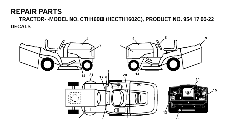 Decals Diagram and Parts List for CTH160II (HECTH1602C)(2001-02) Husqvarna Lawn Tractor