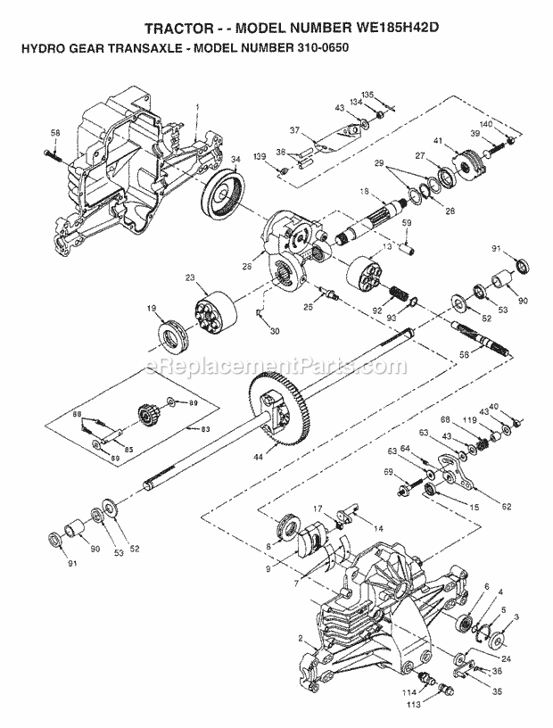 Hydro Gear Transaxle Diagram and Parts List for WE185H42D 1998 Husqvarna Lawn Tractor