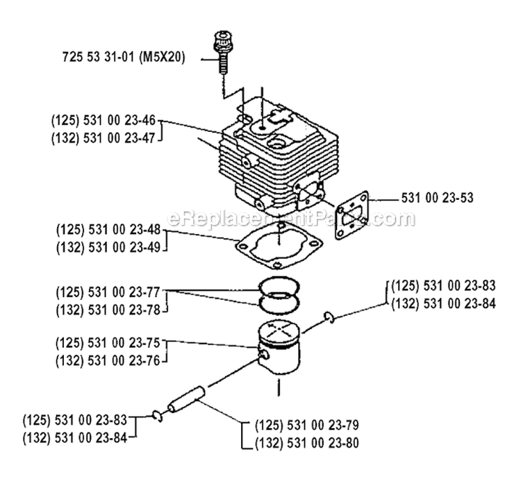 Cylinder Piston Diagram and Parts List for 125L 1990-11 Husqvarna Trimmer
