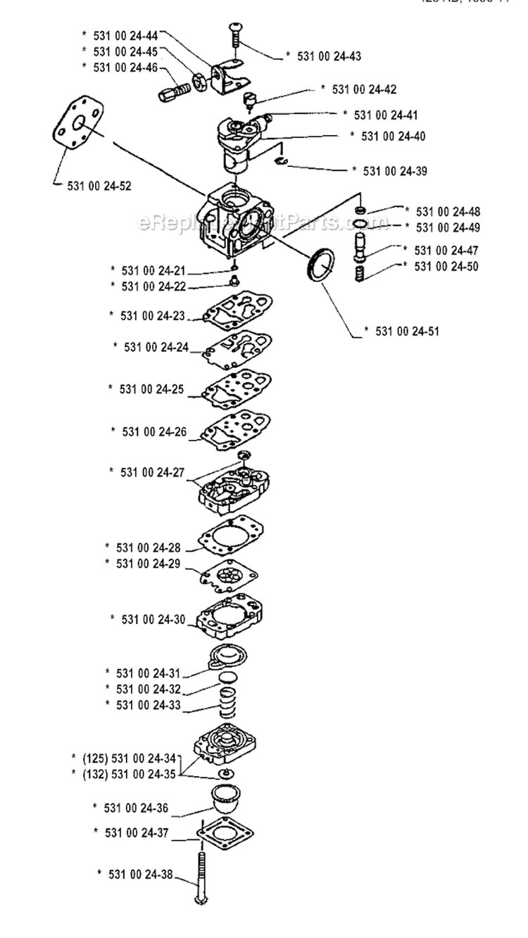 Carburetor Details Diagram and Parts List for 125RB 1990-11 Husqvarna Brush Cutter