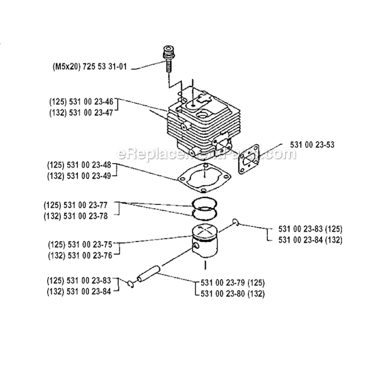 Cylinder Piston Diagram and Parts List for 125RB 1990-11 Husqvarna Brush Cutter