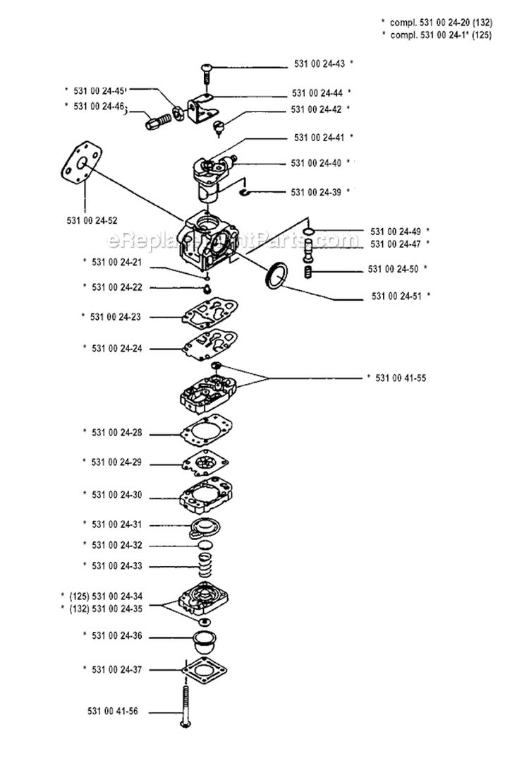 Carburetor Details Diagram and Parts List for 125RB 1993-04 Husqvarna Brush Cutter
