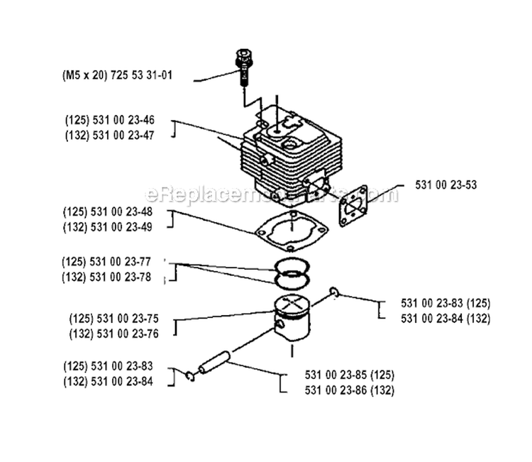 Cylinder Piston Diagram and Parts List for 125RB 1993-04 Husqvarna Brush Cutter